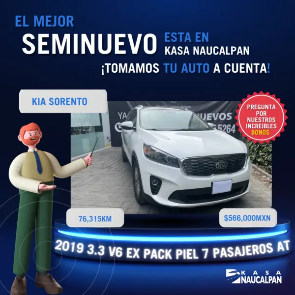 Foto Kia Sorento 3.3L EX Pack Nav 7 Pas usado (2019) color Blanco precio $566,000