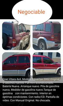 Chevrolet Vitara 5P 4x4L4 1.6i 16V usado (2002) color Rojo precio u$s3.500