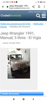 Jeep Wrangler Techo Duro L6,4.0i,12v S 1 2 usado (1991) color Blanco precio u$s3.000